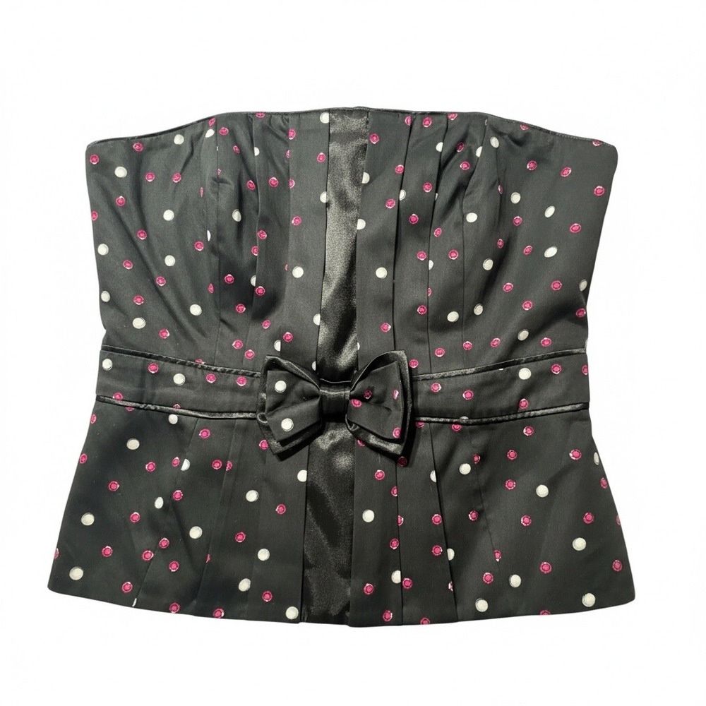 White House Black Market Peplum Corset Top SZ 12 Black Polka Dot Bow Y2K Satin